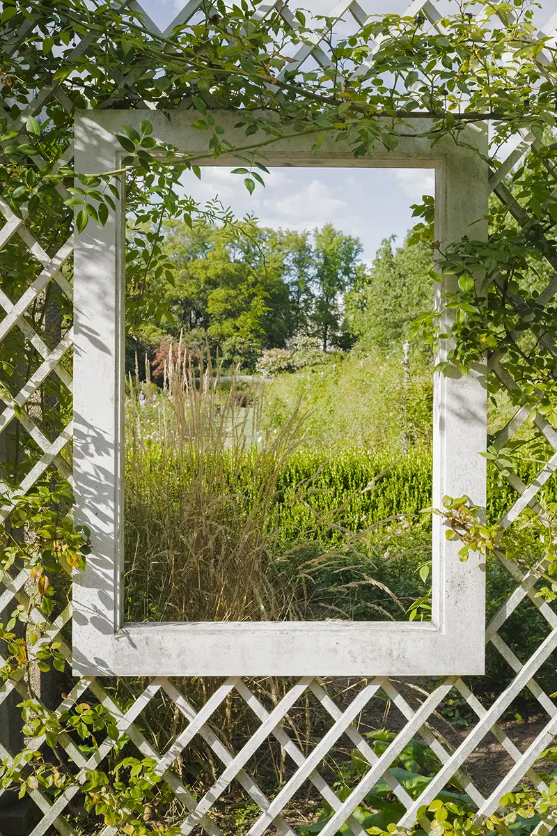 The lattice of a small courtyard separating it from a rose garden.
