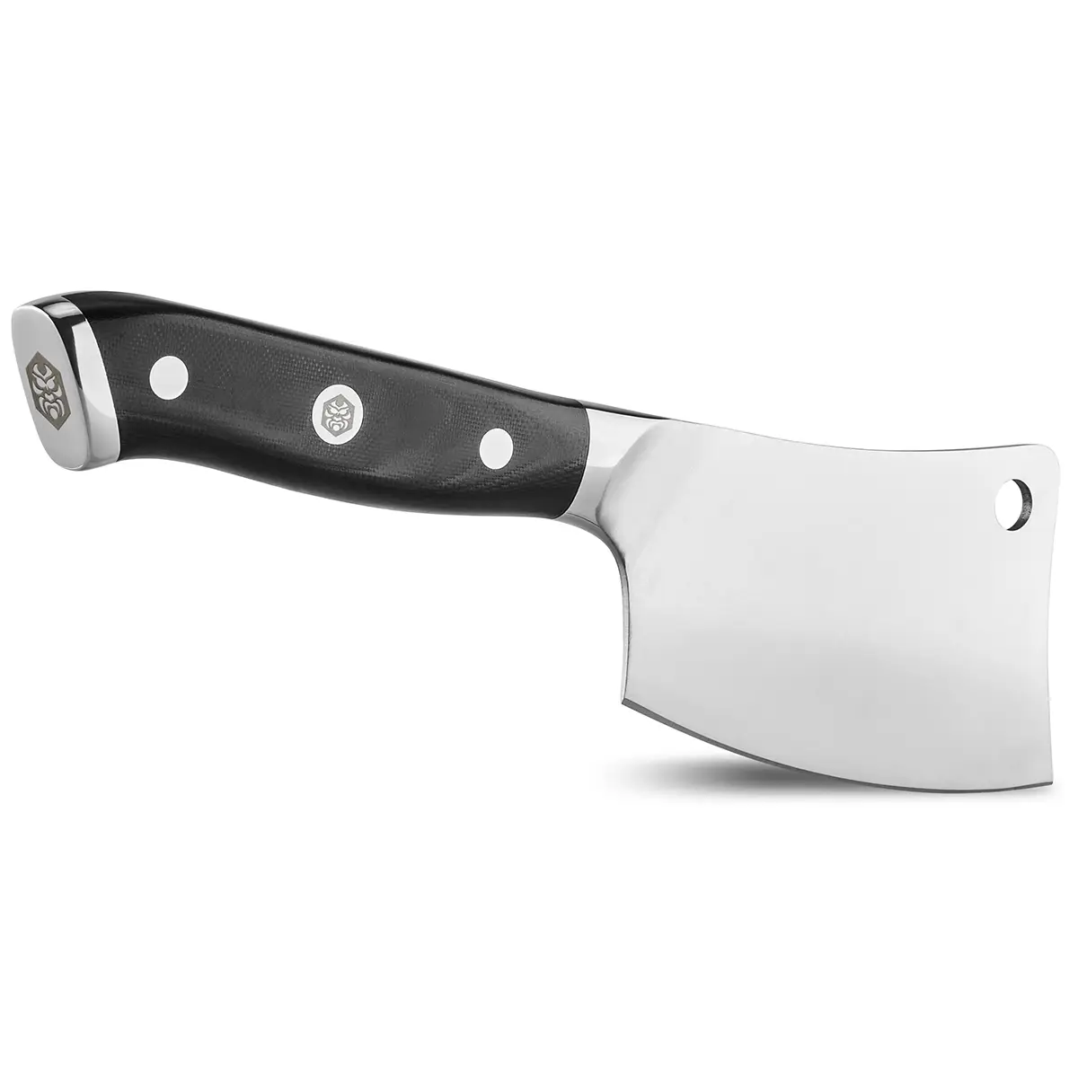 Studio product photograph of a mini cleaver from a kitchen knife brand, highlighting handle texture, blade surface, and steel end cap
